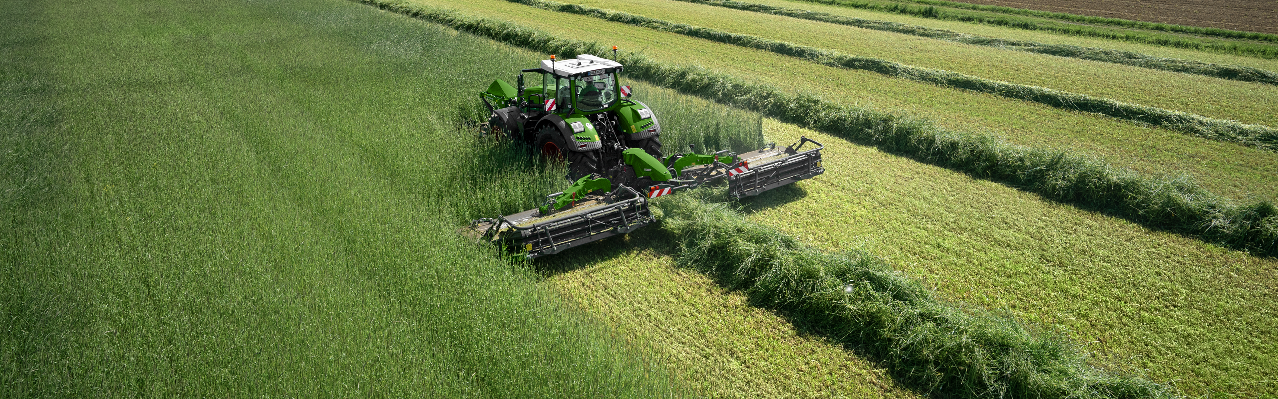 A Fendt Vario Tractor harvesting green fodder in high grass with a Fendt Slicer Mower Combination.
